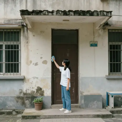 她自愿去擦拭旧社区中心的墙壁。