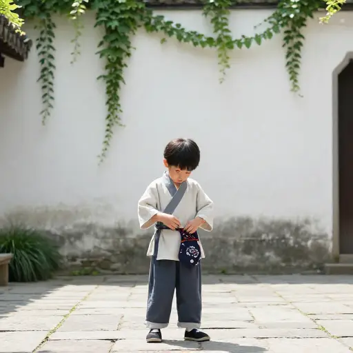 孩子佩戴着一个小香囊。