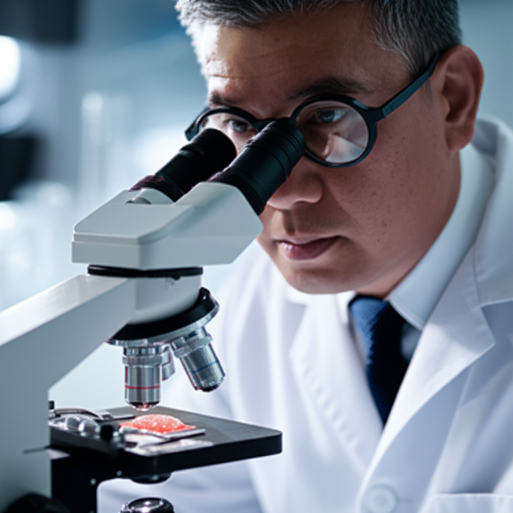 这位科学家正在通过显微镜观察。