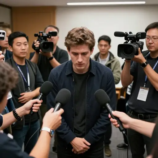 他在满是记者的房间里显得局促不安。