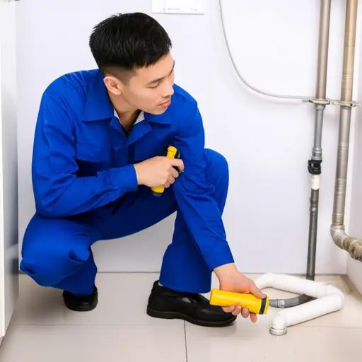 水管工正在检查排水管的连接处，看看是否有漏水。