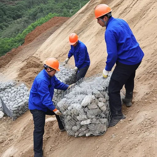 工人们用装满石块的铁丝笼来加固山坡。