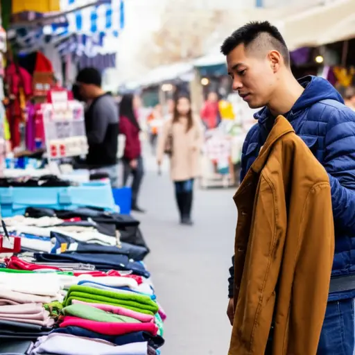 他在市场里讨价还价，最终以更低的价格买下了那件夹克。