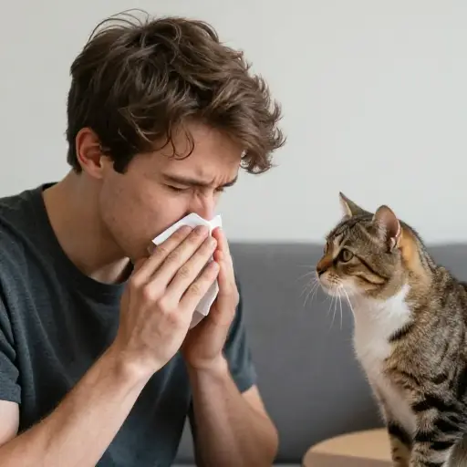 猫会让他打喷嚏——我想他对猫过敏。