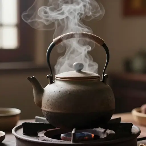 茶壶开始发出蒸汽，发出轻微的噗噗声。