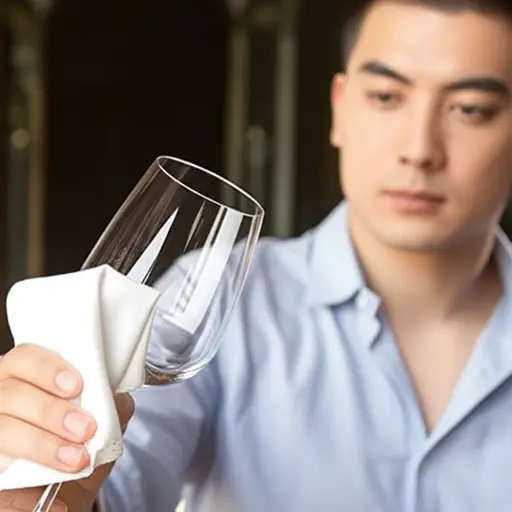 他小心地擦拭酒杯的边缘，确保没有指纹。