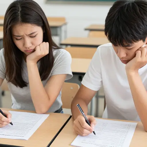 "这次考试真的很难。" "我知道。我每道题都做得很吃力。"