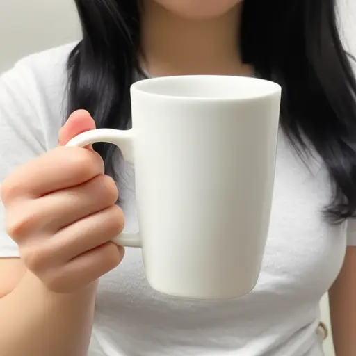 她左手拿着杯子。