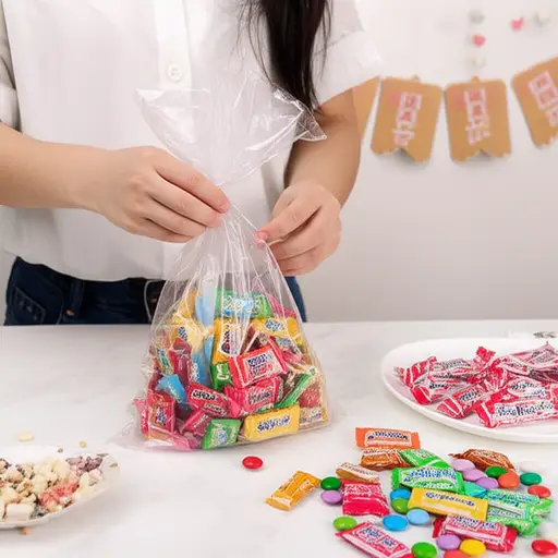 她把糖果和巧克力等美味的小零食装进了派对礼品袋里。