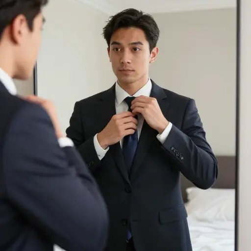 为了参加婚礼，他选择了一条与他的西装完美搭配的丝绸领带。
