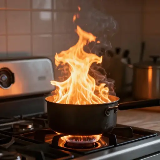 厨房因烹饪事故而着火了。