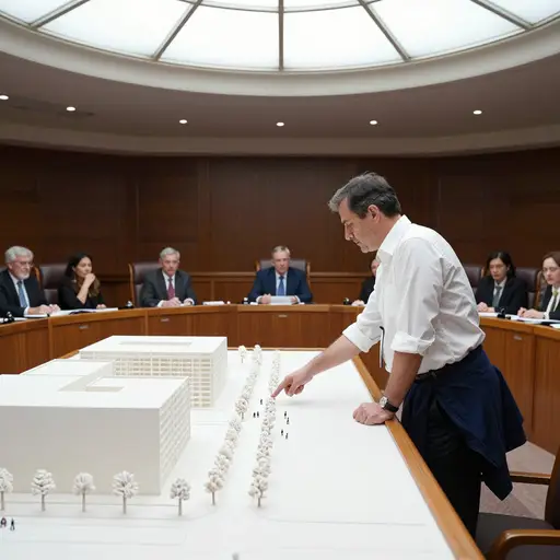 这位建筑师站在市议会面前提出他关于市中心步行街区的构想。