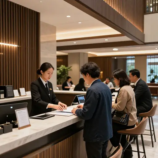 酒店大堂里，办理入住和退房的客人熙熙攘攘。