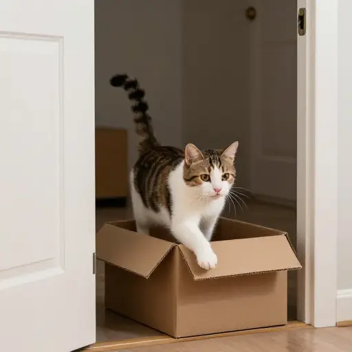 门打开时，猫突然从盒子里跳了出来。