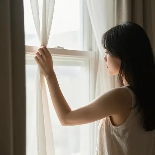 她拉下窗户遮阳帘以遮挡下午的阳光。