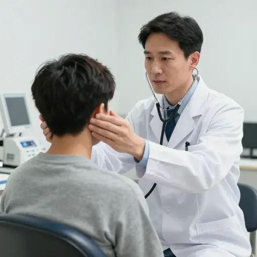 医生检查了患者头部的侧面区域。