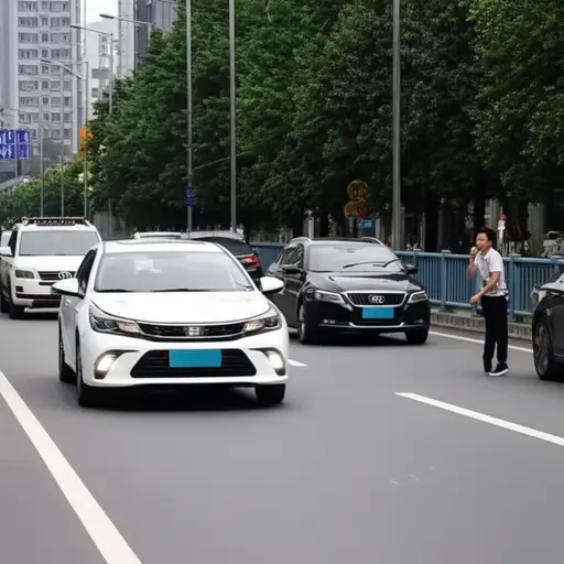 后面的司机一直按喇叭，因为前面的车停在了路中间。