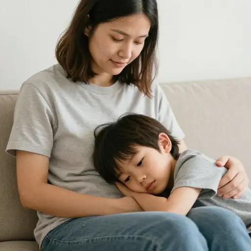 孩子把头埋在妈妈的膝盖上。