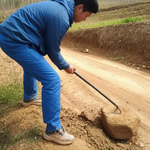 他用撬棍把石头从路上撬开。