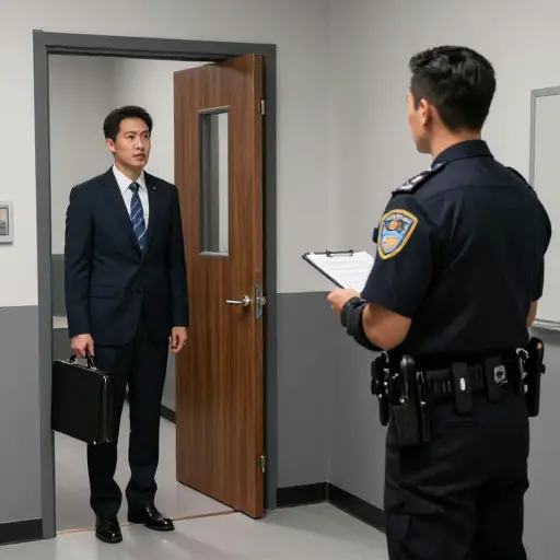 目击者正在被警方询问时，嫌疑人的律师到了。
