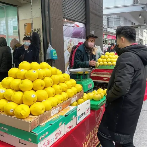我在水果摊买了一些黄梨。