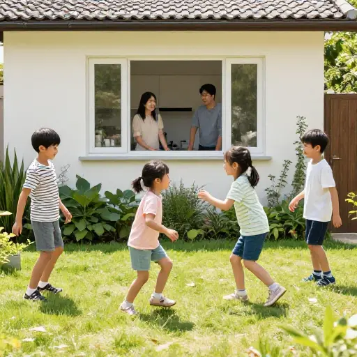 当孩子们在花园里玩耍时，他们的父母从厨房窗户监督着他们。