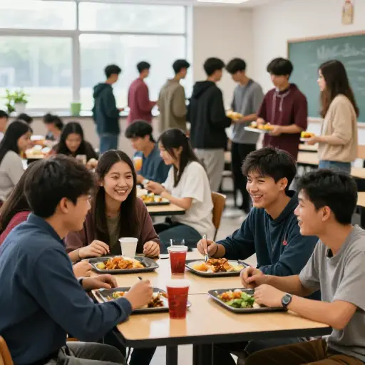 食堂在午餐时间变得非常繁忙和嘈杂，但我们都很喜欢在课堂上密集学习后和朋友聊天。