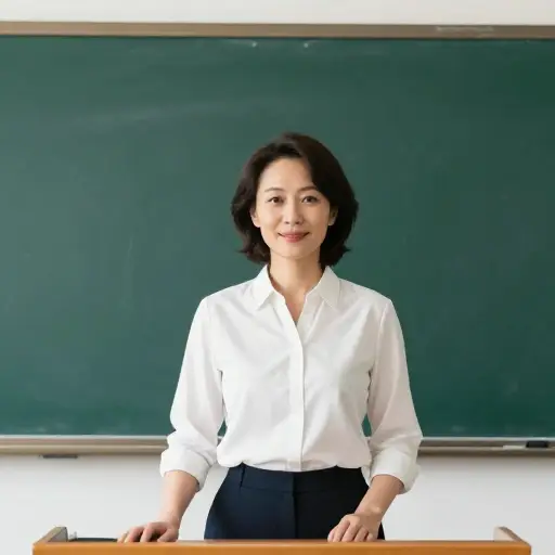 我们的老师是一位面带和善微笑的中年女士。