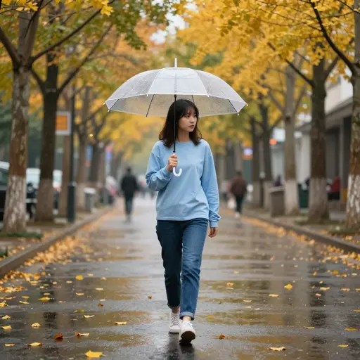 天气凉爽，还下着雨。