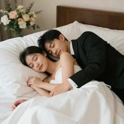 新娘和新郎正安详地睡着，脸上带着微笑。