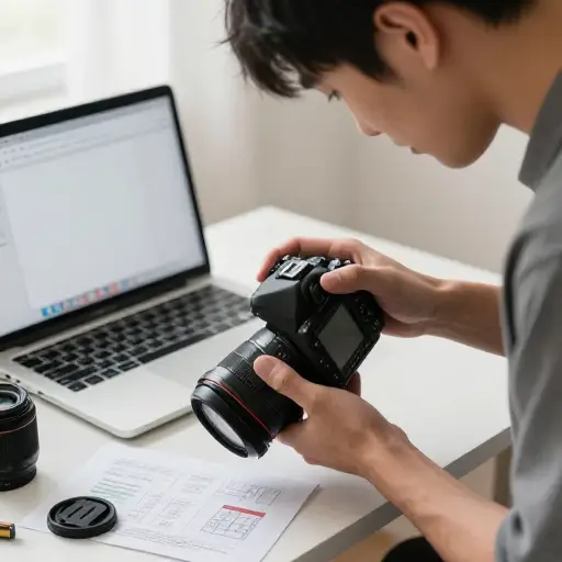 他正在学习怎么使用这台新相机。