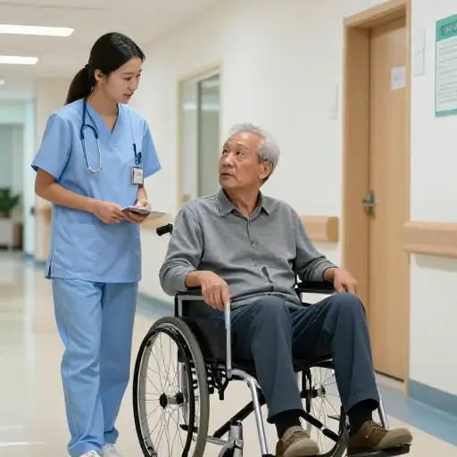 在医院里，工作人员留意需要额外帮助的病人。