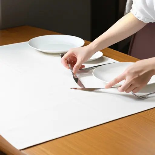 她将餐具整齐地摆放在餐桌上。