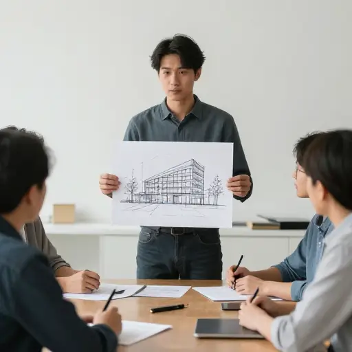 建筑师向我们展示了新大楼立面的粗略草图。