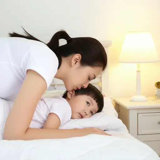 妈妈每天晚上都会亲吻孩子的额头道晚安。