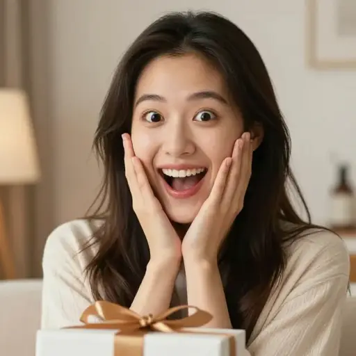 当她看到惊喜时，脸上洋溢着纯粹的喜悦。