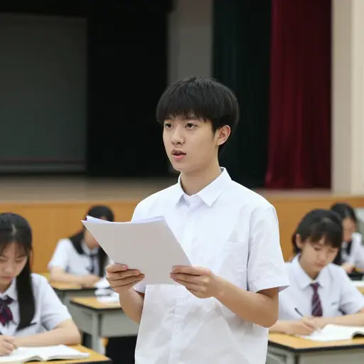 他正在为学校的戏剧排练台词。