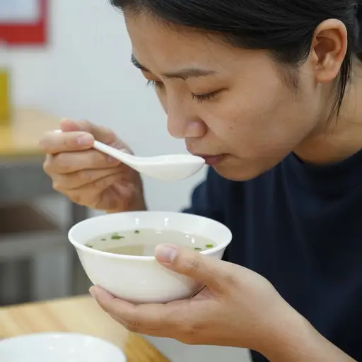 她闻了闻汤，检查是否还新鲜。
