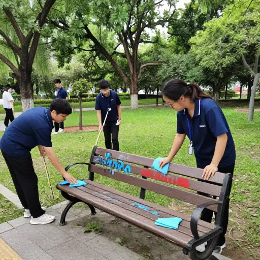志愿者们把涂鸦从公园长椅上擦掉。