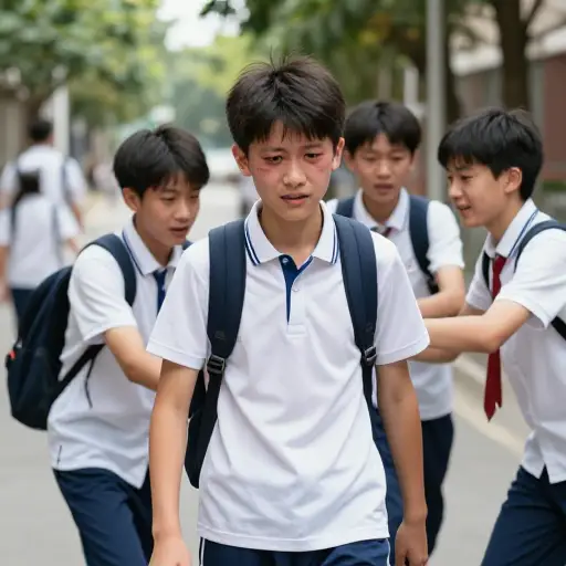 我儿子在放学回家的路上卷入了一场打斗，眼睛被打青了。