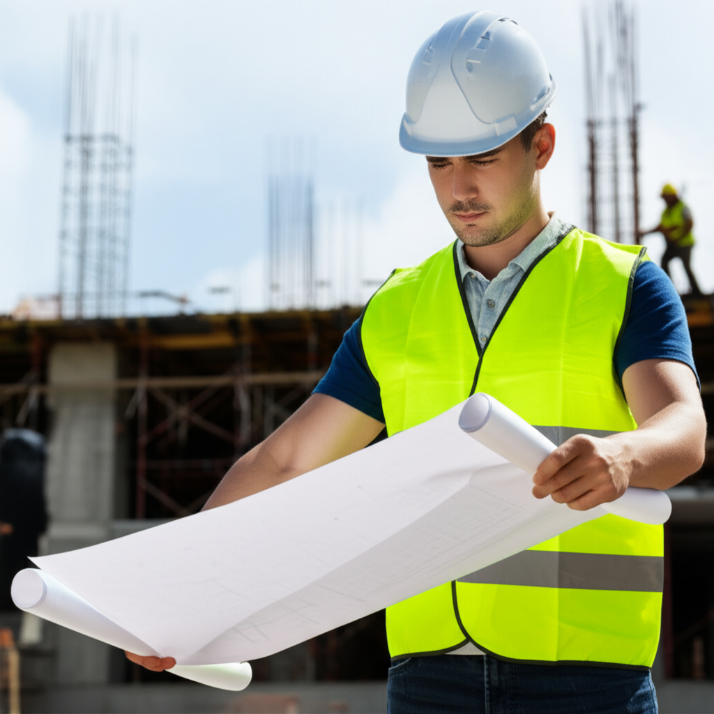 建筑工地上的工程师正在仔细研究施工图纸。