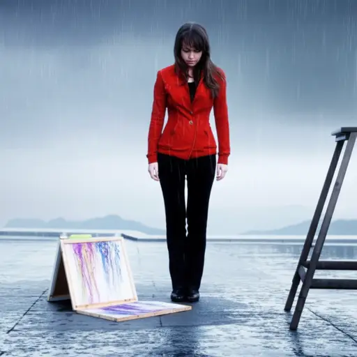 她看着被雨淋湿的画作，叹息道：“我真倒霉！”