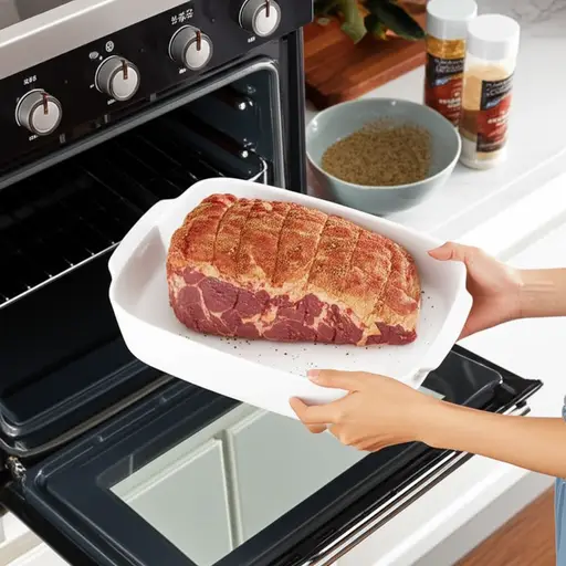 妈妈用香料腌制后把牛肉放入烤箱烤制。