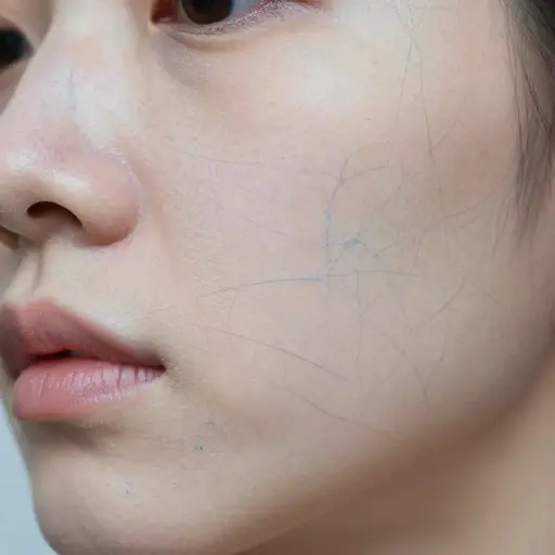 在她苍白的皮肤下，隐约可见如蛛网般的纤细蓝色血管。