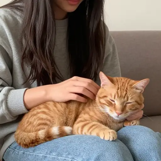 她温柔地抚摸着猫的皮毛。