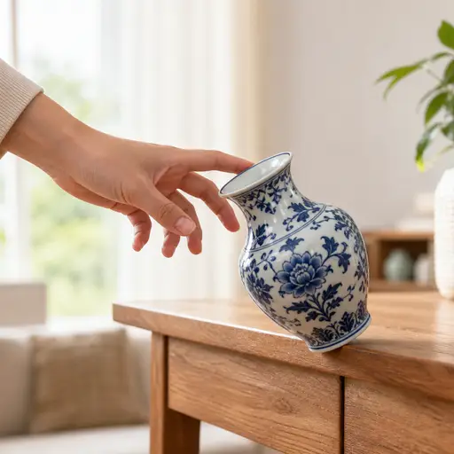 他意外地把花瓶从桌子上撞掉了。