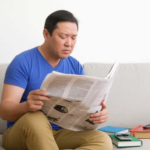 他找不到眼镜了，只好眯着眼睛看报纸。