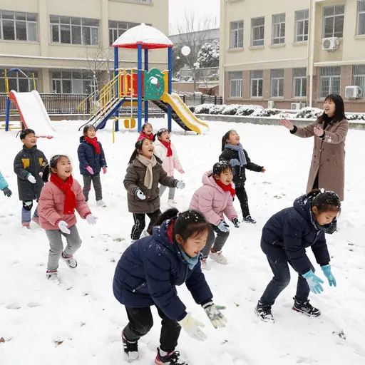 学校宣布延长课间休息，让孩子们在当季的第一场雪中玩耍——欢笑声回荡在操场上。