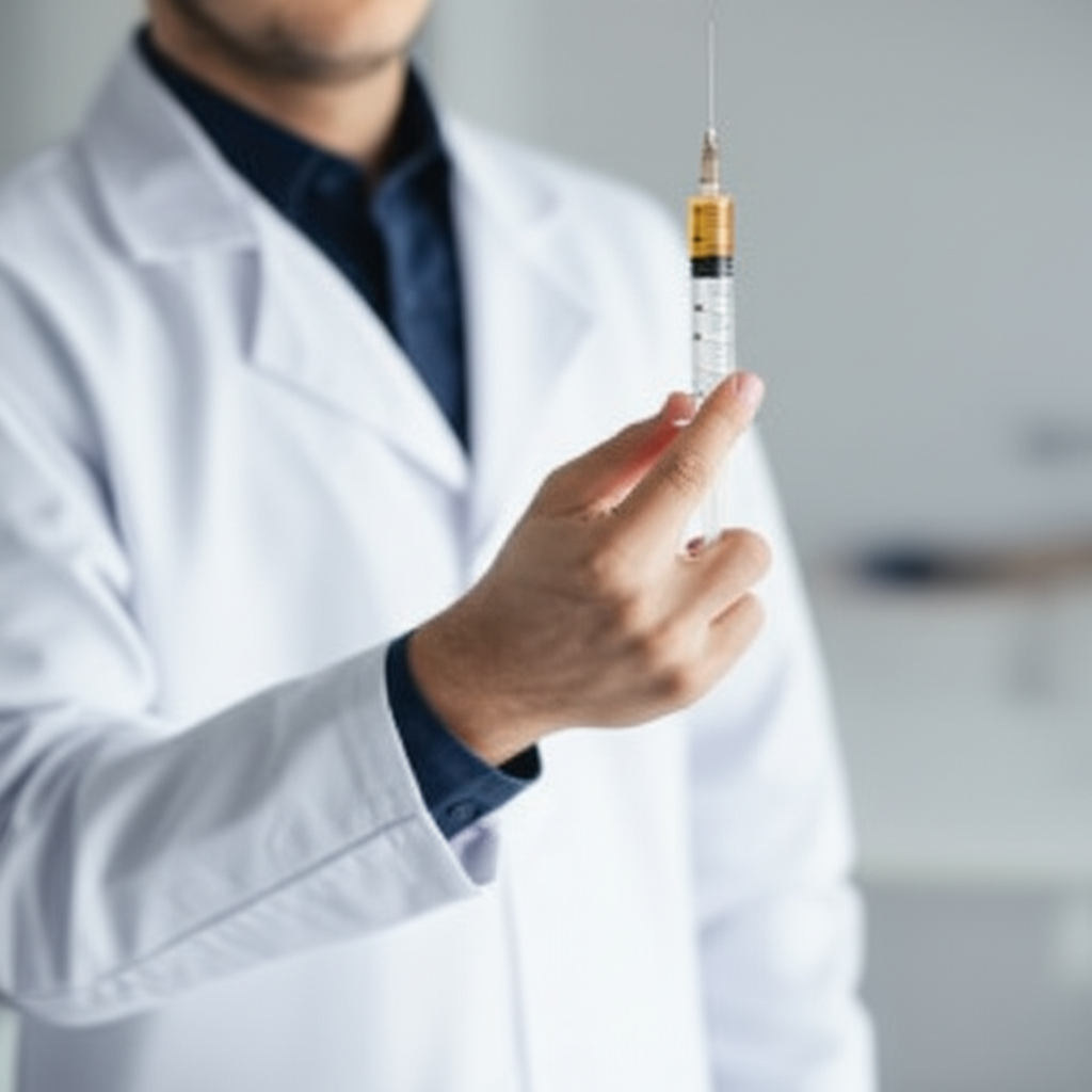医生手里拿着一支注射器。