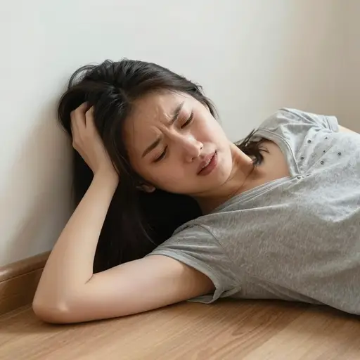 她摔倒时头撞到了墙上。